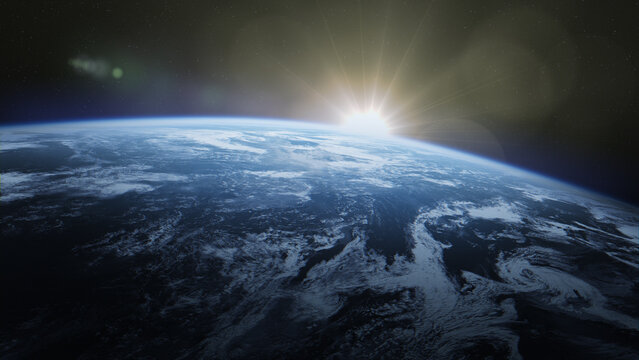 Sunrise over Earth horizon seen from outer space