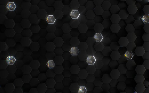 Dark hexagon geometric background with glossy highlights