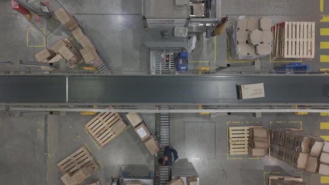 F&aacute;brica en funcionamiento con cinta transportadora y cajas en proceso, obreros trabajando en producci&oacute;n industrial vista cenital, footage industria, trabajo, industrializaci&oacute;n, desarrollo