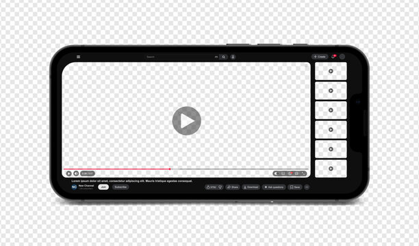 Video player template with side playlist night dark mode for web and mobile apps on smartphone screen display isolated on transparent background. Vector illustration