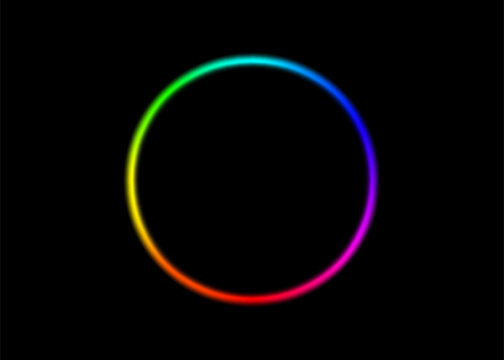 Rainbow circle radial gradient frame isolated on black background. Vibrant spectrum color ring wheel with full hues range. Round RGB palette. Vector illustration