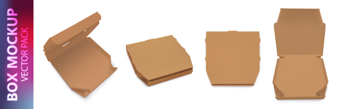 Photorealistic brown paper cardboard box mockup pack isolated on white background. Food delivery degradable package. Pizza and cake pakage. Vector illustration