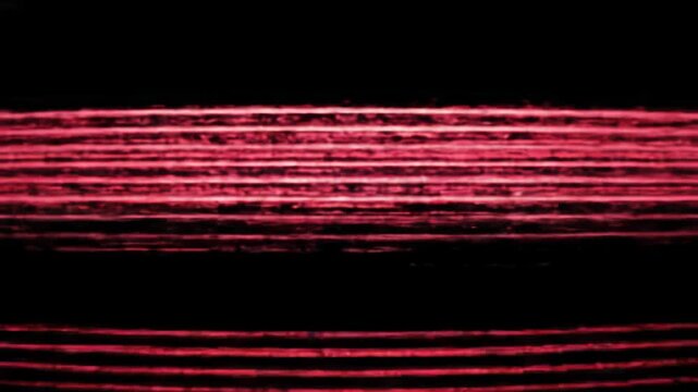 Vibrantly self-illuminated red digital glitch lines flicker erratically across an obsidian black screen, emulating a retro computer display with data corruption and VHS scanlines. Unsettling digital