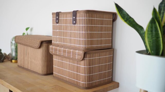 Organizing storage boxes on a wooden shelf