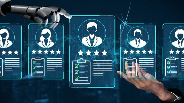 Futuristic Robotic Hand Interacting with Digital Resumes Displaying Candidate Profiles and Ratings in a Technology-Driven Recruitment Process. Entropy.