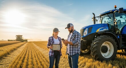 Obraz premium Modern Farmers Using Tablet and Smartphone for Precision Agriculture in Wheat Field with Tractor at Sunset