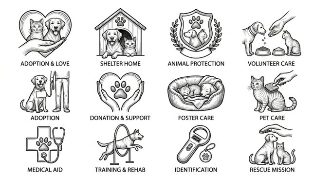 Animal Shelter Adoption Icons Set.