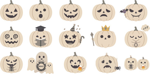 Obraz premium A collection of charming, flat-style illustrations featuring a set of pale pumpkins with diverse facial expressions, costumes, and Halloween-themed accessories, arranged in a grid.