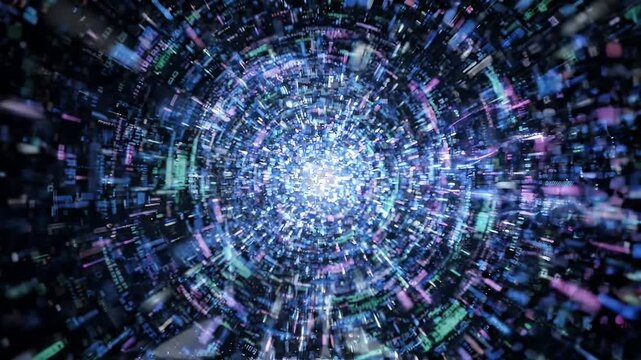 Cybernetic Head Dissolving into Digital Glitch and Light Trails - A metallic cybernetic head is shown disintegrating into a swarm of digital cubes and particles, illuminated by vibrant blue and pink