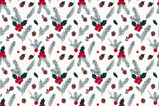 Seamless christmas pattern with holly berries, pine branches, and brown pinecones on a white background, for holiday fabric, and wrapping paper