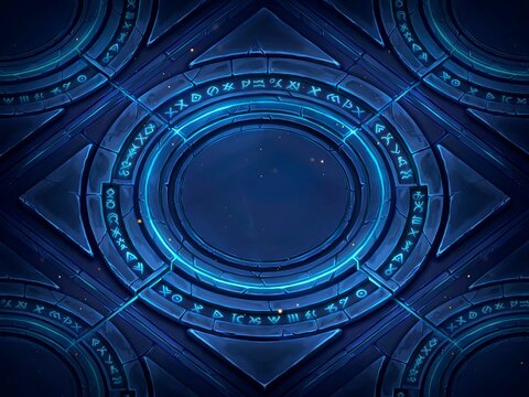 Futuristic blue neon glowing circular symbol with alien language and geometric shapes design