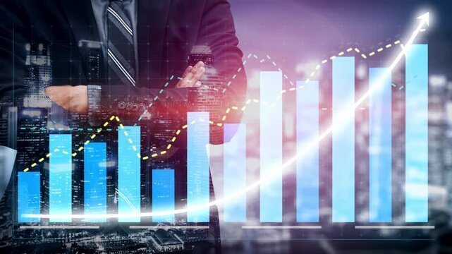 A businessman confidently examines financial growth through charts and graphs, set against a city skyline, showcasing modern investment trends and opportunities. Copula