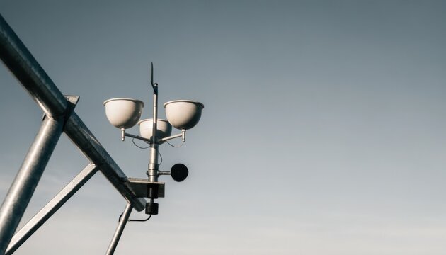 An anemometer mounted on a metal structure measures wind speed against a clear sky.