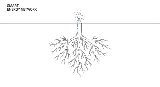 Abstract illustration of a smart energy network with roots drawing power from the earth and distributing it upwards.
