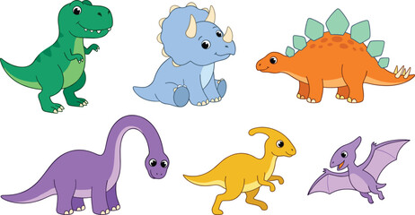 Cute Baby Dinosaur Vector Icon Set Featuring Cartoon Tyrannosaurus Rex Triceratops Stegosaurus Brachiosaurus Parasaurolophus and Pterodactyl for Kids Nursery Designs © Ismail