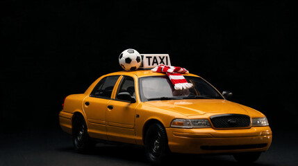 Yellow Taxi Cab with Soccer Ball and Scarf on Roof, Transportation Service, Sport Fan Travel, City Vehicle, Copy Space, Advertising