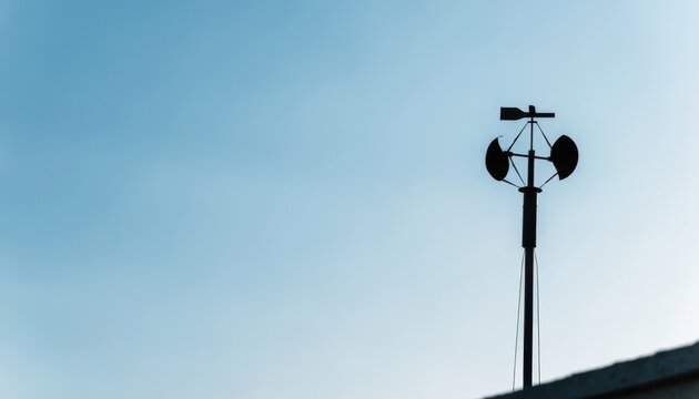 A rooftop weather station with anemometer and wind vane against a clear blue sky.