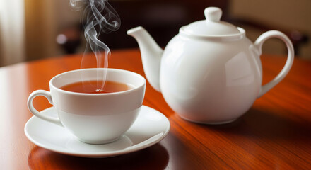Fototapeta premium Steaming cup of hot tea and a white teapot on a wooden table perfect for cozy mornings relaxing beverages and traditional tea time