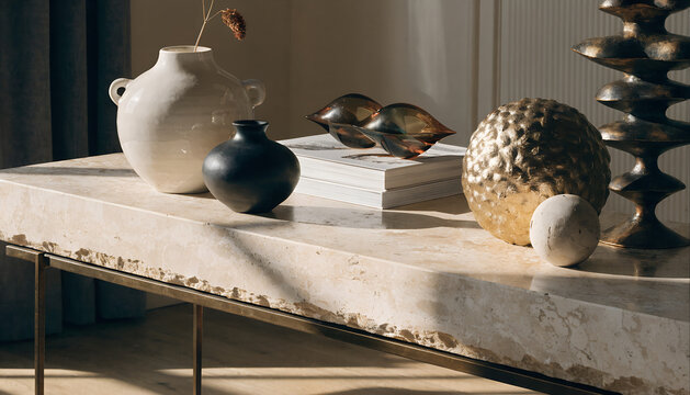 Minimalist wabi sabi interior design with ceramic ceramic vases stone coffee table and decorative objects in elegant bright living room setting with dramatic morning sunlight shadows for home decor co