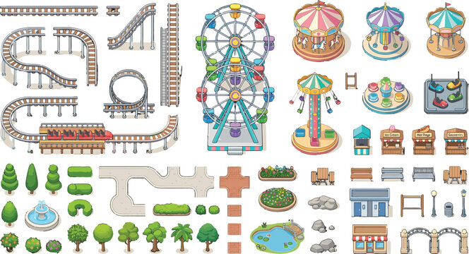 Amusement park isometric vector set with roller coaster ferris wheel carousel and park infrastructure elements for design