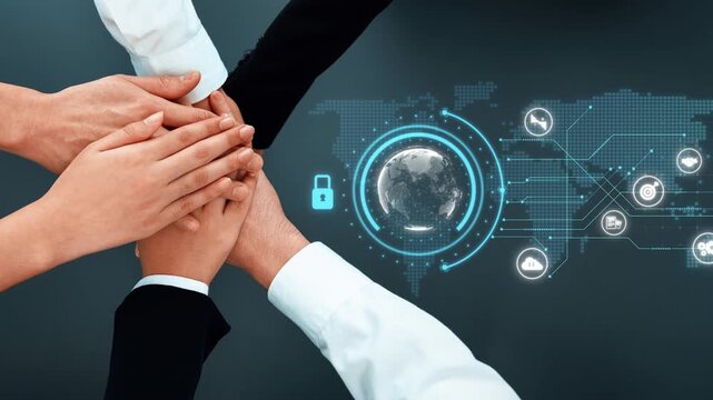 This image depicts diverse hands joining together, symbolizing teamwork in a global network focused on security. The digital elements emphasize cooperation. Raster
