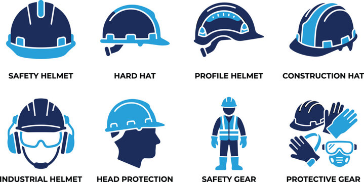 Selection of professional head protection and construction safety gear icons for site engineering works.