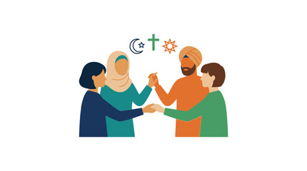 Fototapeta premium Diverse people shaking hands, representing religious harmony and unity, with symbols of faith
