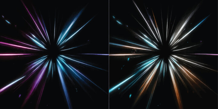 Split screen abstract background with contrasting neon blue and warm golden light streaks abstract mirrored background composition radiating futuristic technology perspective velocity