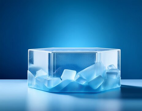 ice cube crystal surface dais empty podium product display stage pedestal platform mockup on blue background banner for cold frozen cool fresh food or drink beverage exposition presentation