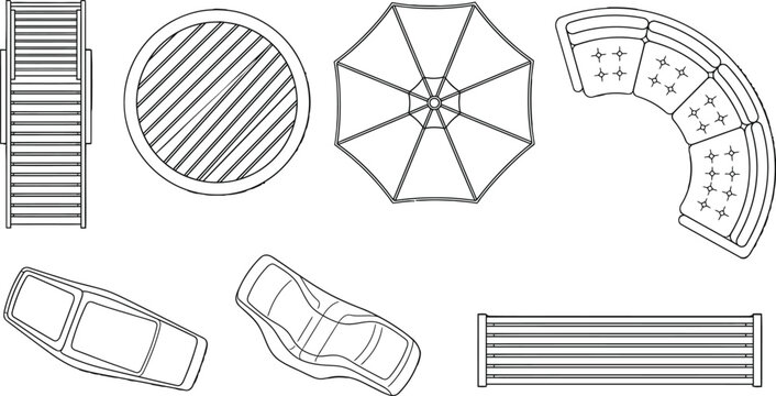 Outdoor furniture top view set with patio seating umbrella and lounge chairs in black line art vector