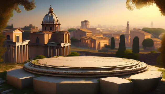 ancient rome old stone podium with ancient rome city in the background