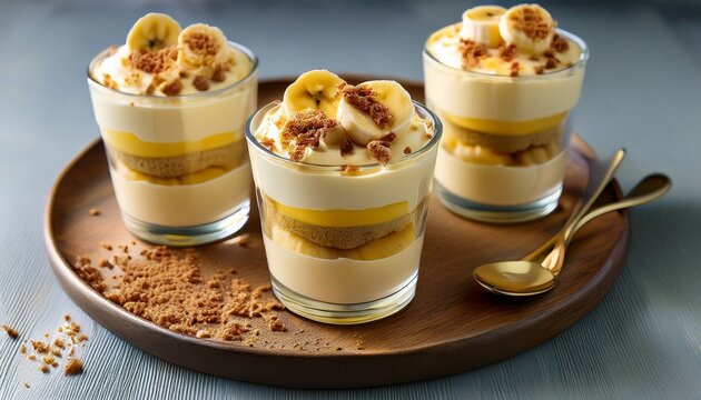delicious banana pudding served in clear glass cups the dessert features layers of creamy filling banana slices and crushed cookies on top