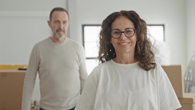 Middle age woman smiling with man's hands on her shoulders amid cardboard moving boxes in building; contentment new home.