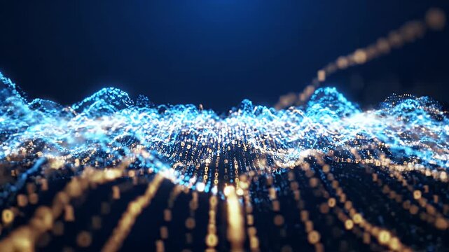 Abstract Digital Network Waves - A dark blue background showcases glowing energy waves and data points forming an intricate digital network.