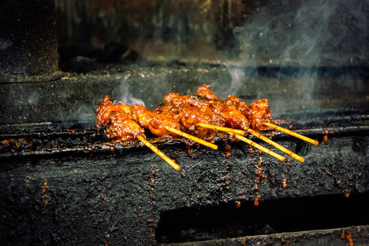 grilled meat on the grill, indonesian satay