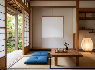 Fototapeta premium Zen Stillness: A Traditional Japanese Tea Lounge with Tatami, Shoji Screens, and Handcrafted Wood Table—Embodying Wabi-Sabi Serenity in a Sunlit, Neutral-Hued Sanctuary