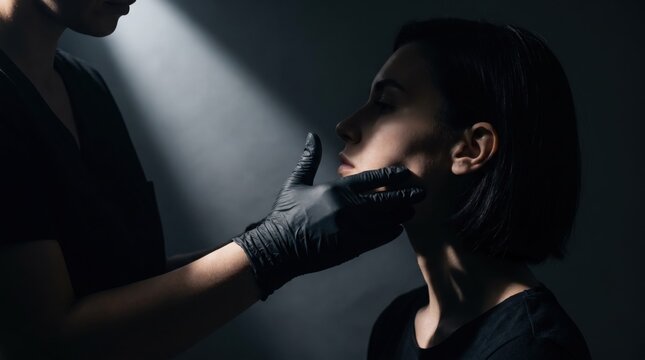 Facial therapist sculpting woman's jawline