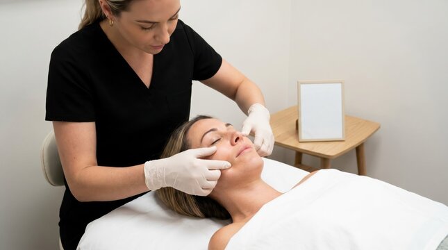 Professional esthetician performing buccal massage on female client