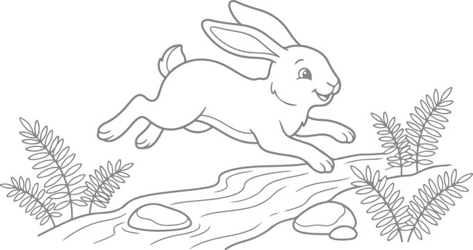 Cute Cartoon Rabbit Jumping Over a Stream Coloring Page