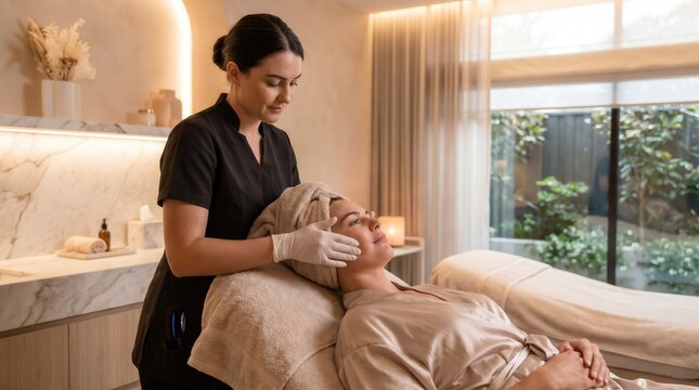 Professional esthetician performing buccal massage in luxury spa