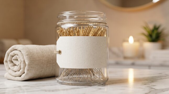 Gold cosmetic acupuncture needles in glass jar with blank label
