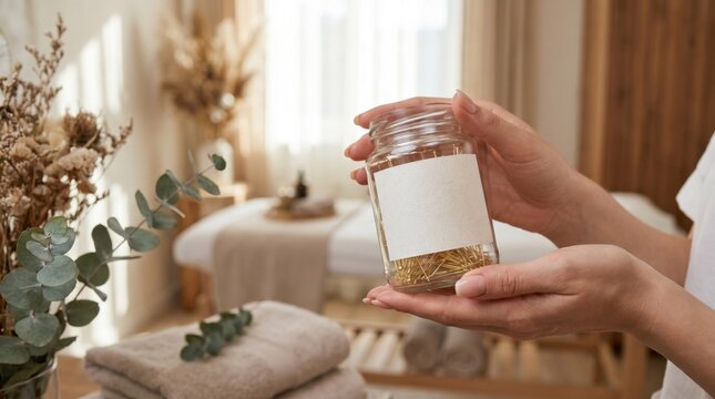 Hands holding cosmetic acupuncture needles with mockup label