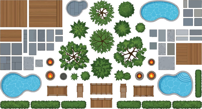 Top view landscape design elements set with swimming pools trees wooden decks and stone paving vector illustration
