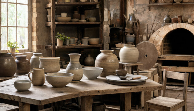 Authentic craft pottery studio featuring handmade clay pottery and oven on rustic wood table ceramics workshop handmade workspace earthenware interior creation tradition creative