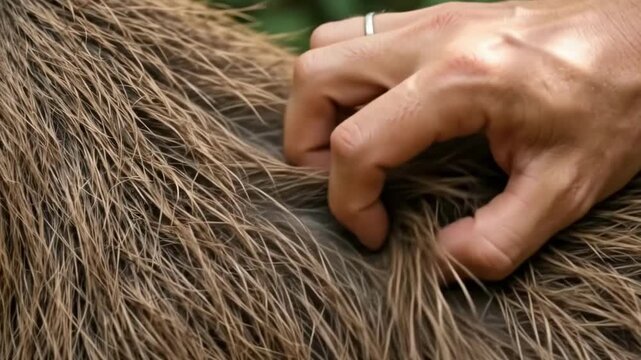Man Gently Petting a Capybara in Lush Tropical Jungle Environment
