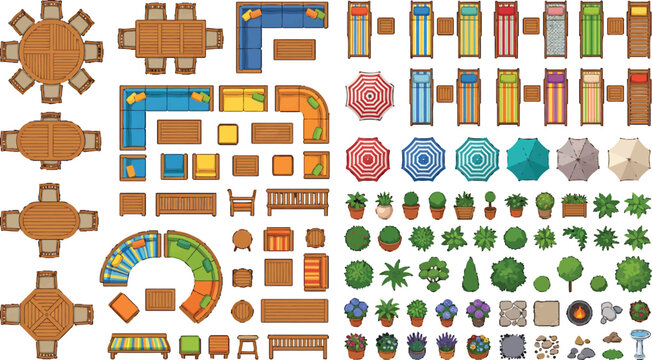 Top view outdoor furniture set with patio tables chairs umbrellas and garden plants for landscape design vector