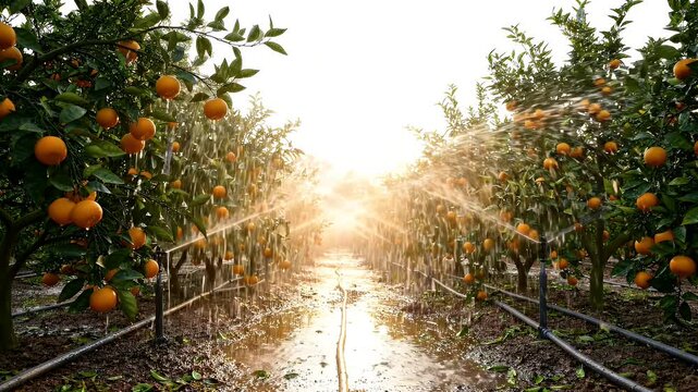 Orange Grove Micro-Sprinkler Irrigation at Sunset - Rows of ripe orange trees are being watered by an automatic micro-sprinkler system, creating a misty spray in the warm glow of sunset.