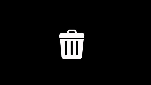 Paper thrown in with trash can icon animation on black background. Trash animation concept with throwing rubbish in dustbin. Deleting or trashing digital content. Trash can symbolizing video deletion