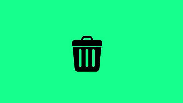 Paper thrown in with trash can icon animation on green background. Trash animation concept with throwing rubbish in dustbin. Deleting or trashing digital content. Trash can symbolizing video deletion