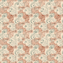Fototapeta premium Seamless geometric pattern of hexagons filled with intricate hand-drawn botanical of ferns and branches in muted red and green tones